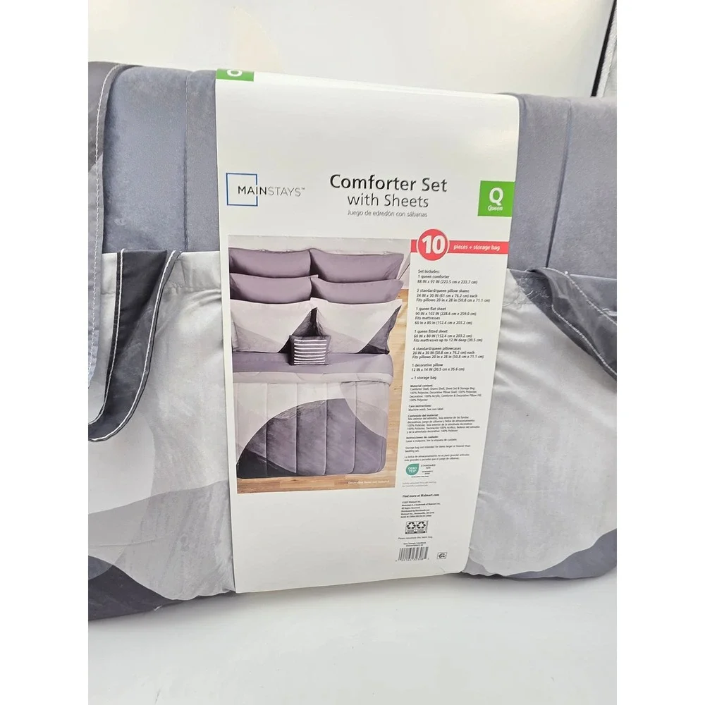 Mainstays Queen Comforter Set 10 Piece Grey White Geometric Sheets Pillow Set
